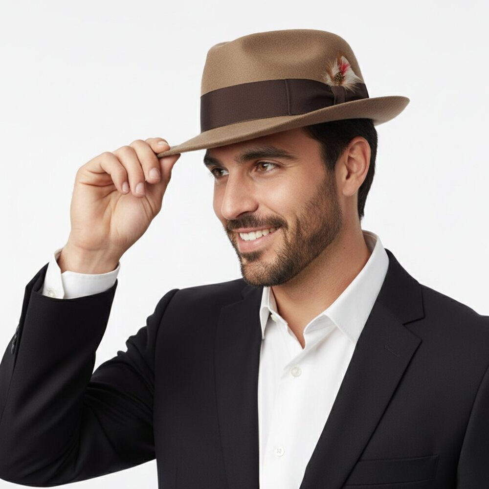 Vintage Men's Commardore Wool Felt Fedora Trilby Hat Retro Feather Brown Tan